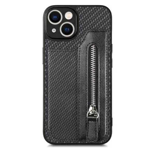 Funda de teléfono para iPhone 13 Mini con cremallera y tapa horizontal de fibra de carbono (Negro)