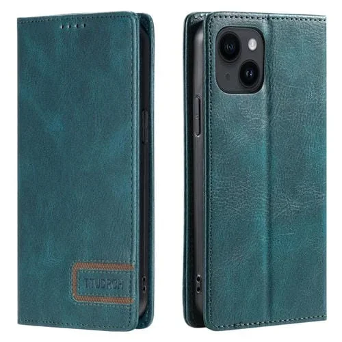 Funda de teléfono para iPhone 13 Mini Torch Rfid de cuero magnético con textura retro (Verde)