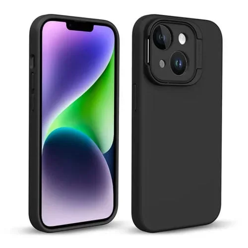 Funda de teléfono para iPhone 14 con soporte de Lente de silicona líquida (Negro)