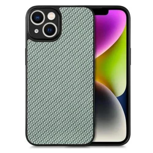 Funda de Teléfono para iPhone 14 con Tapa Trasera de Cuero y Textura de Fibra de Carbono (Verde)