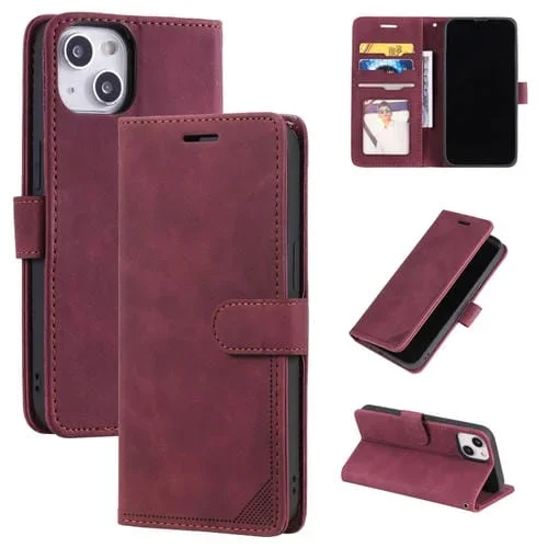 Funda de teléfono para iPhone 14 Skin Feel con tapa horizontal de cuero y cepillo antirrobo (Rojo)