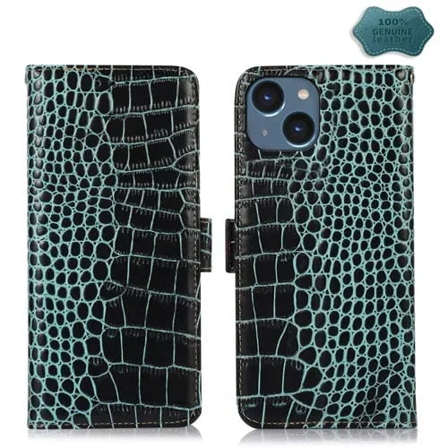 Funda de Teléfono para iPhone 15 Piel de Vaca con Capa Superior de Cocodrilo (Verde)