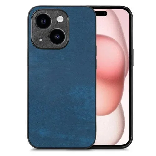 Funda de teléfono para iPhone 15 Plus con contraportada de PC de cuero vintage (Azul)