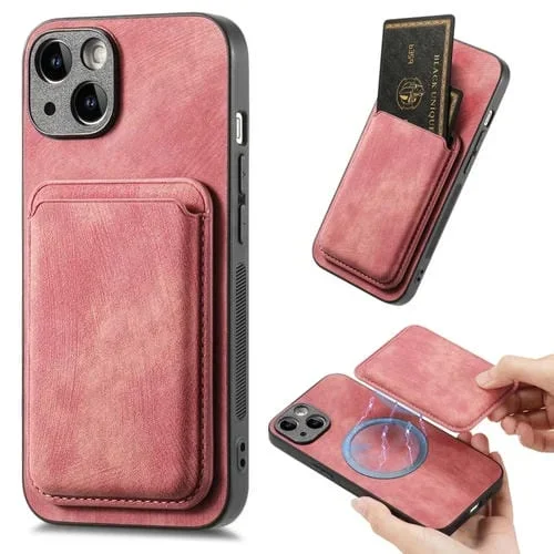 Funda de Teléfono para iPhone 15 Plus Magnética con Bolso de Tarjeta de Cuero Retro (Rosa)