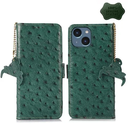 Funda de Teléfono para iPhone 15 Plus Patrón de Avestruz Cuero Genuino Rfid (Verde)