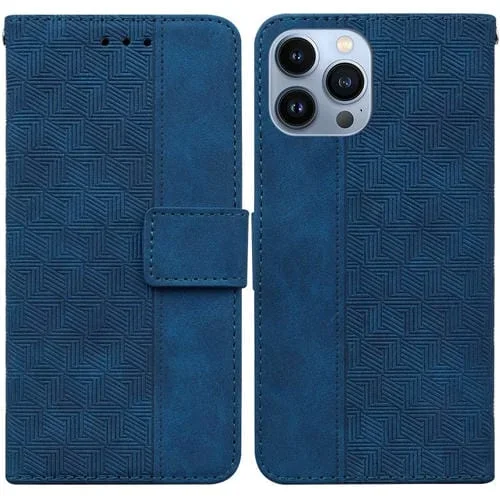 Funda de Teléfono para iPhone 15 Pro Cuero con Relieve Geométrico (Azul)