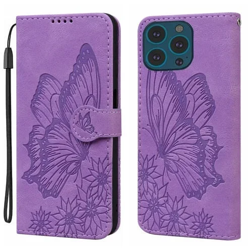 Funda de teléfono para iPhone 15 Pro Max cuero estampado mariposas sensación piel retro (Púrpura)