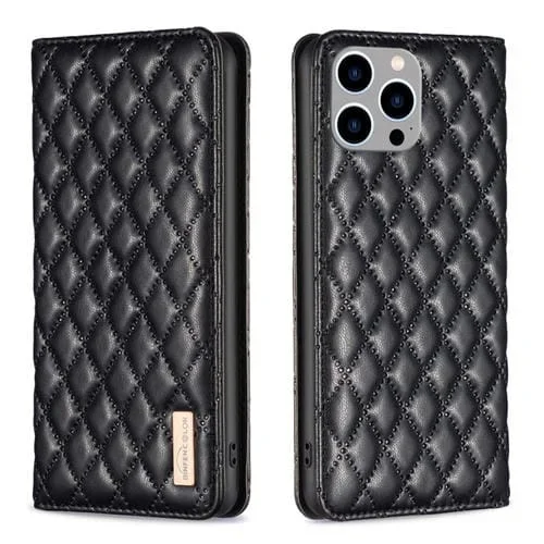 Funda de Teléfono para iPhone 15 Pro Max Diamond Lattice con Tapa de Cuero Magnético (Negro)