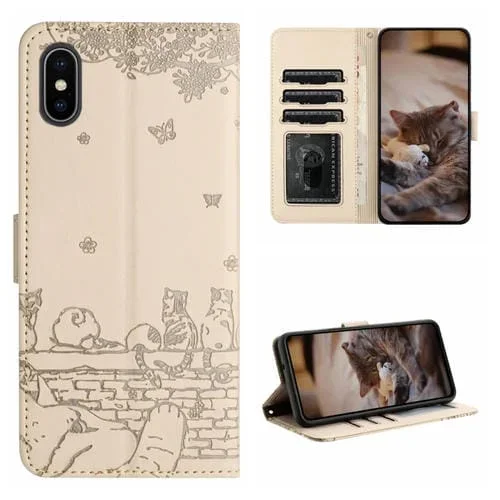 Funda de Teléfono para iPhone X Cat Cuero Patrón de Relieve con Cordón (Beige)