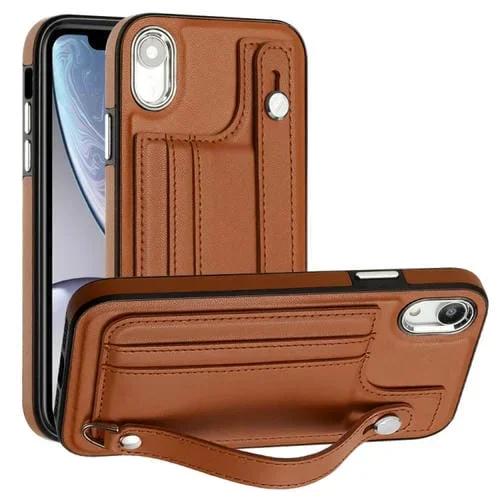 Funda de Teléfono para iPhone Xr Cuero a Prueba de Golpes con Correa para la Muñeca (Marrón)