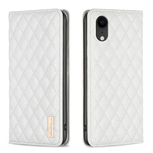 Funda de teléfono para iPhone Xr Diamond Lattice con tapa de cuero magnético (Blanco)