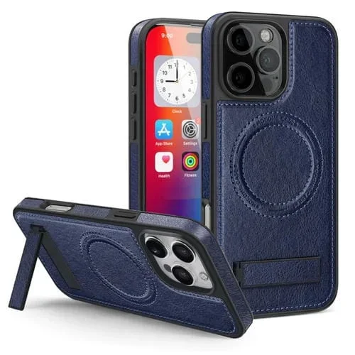 Funda de Teléfono PU con Soporte Multifunción Magsafe para iPhone 16 Pro (Azul)