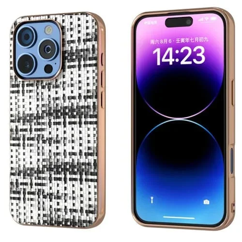 Funda de teléfono PU con textura de celosía y marco galvanizado para iPhone 16 Pro (Negro)
