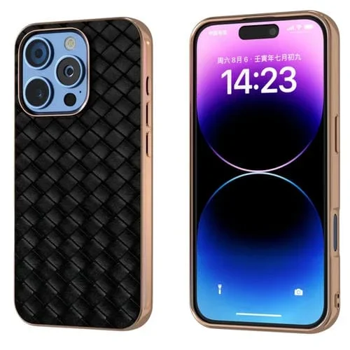 Funda de teléfono PU con textura tejida y marco galvanizado para iPhone 16 Pro Max (Negro)