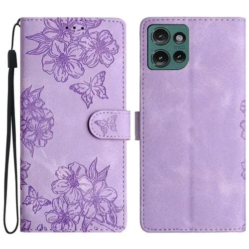 Funda de Teléfono PU Motorola Edge 50 5G con Relieve Mariposa y Flor de Cerezo (Morado)