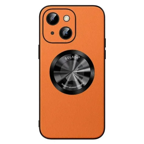 Funda de Teléfono Sulada para iPhone 14 Magnética Magsafe de Cuero de Microfibra (Naranja)