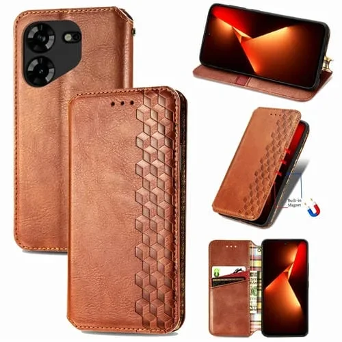 Funda de Teléfono Tecno Pova 5 4G Cubic Grid Cuero Magnético Prensado (Marrón)