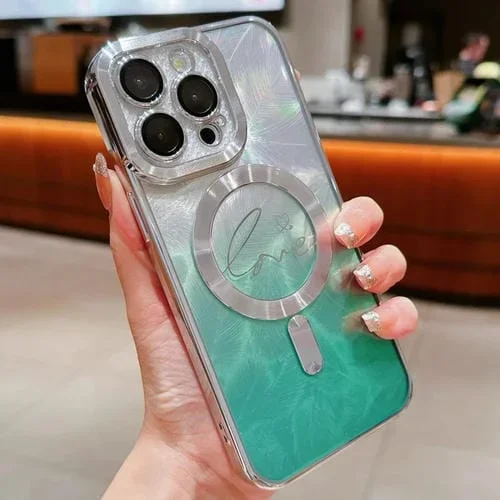 Funda de Teléfono TPU con Purpurina y Degradado con Plumas de Amor Duales para iPhone 14 Pro Max (Verde)