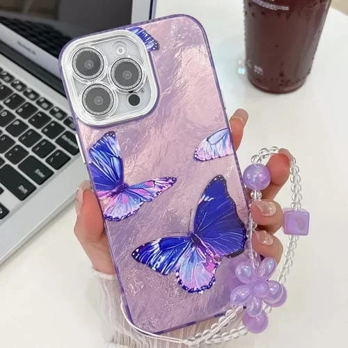 Funda de Teléfono TPU con Textura Chapada y Pulsera Mariposa para iPhone 16 Pro (Morado)