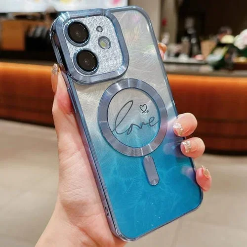Funda de Teléfono TPU Dual-Love iPhone 11 Purpurina Degradado Plumas (Azul)