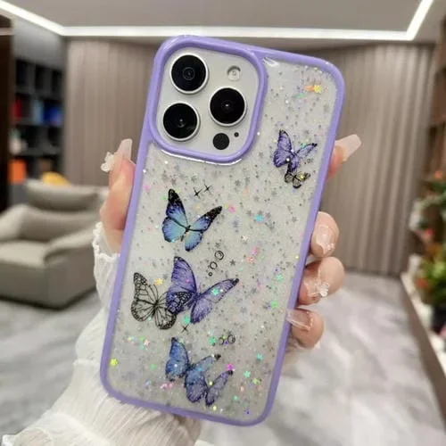 Funda de Teléfono TPU Epoxi Purpurina Mariposas para iPhone 16 Pro Max (Morado)