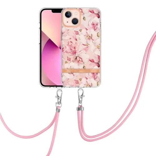 Funda de Teléfono TPU Flowers Series para iPhone 13 Mini con Cordón (Gardenia Rosa)