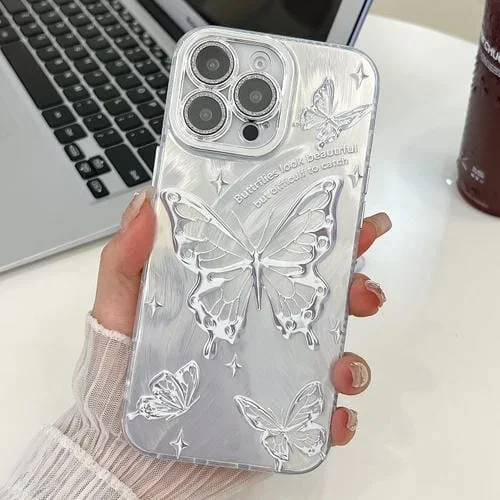 Funda de Teléfono TPU iPhone 16 Pro Max Textura Enchapada Mariposa Película Lente Brillante (Plateada)