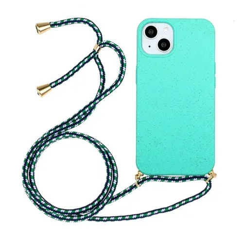 Funda de Teléfono TPU para iPhone 15 Material de Paja de Trigo con Cordón (Verde)