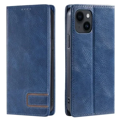 Funda de teléfono Ttudrch para iPhone 15 con RFID Cuero Magnético Textura Retro (Azul)