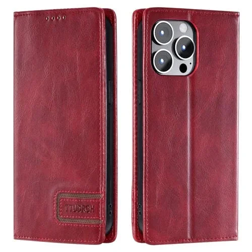 Funda de teléfono Ttudrch para iPhone 15 Pro Max con protección RFID cuero magnético textura retro (Rojo)