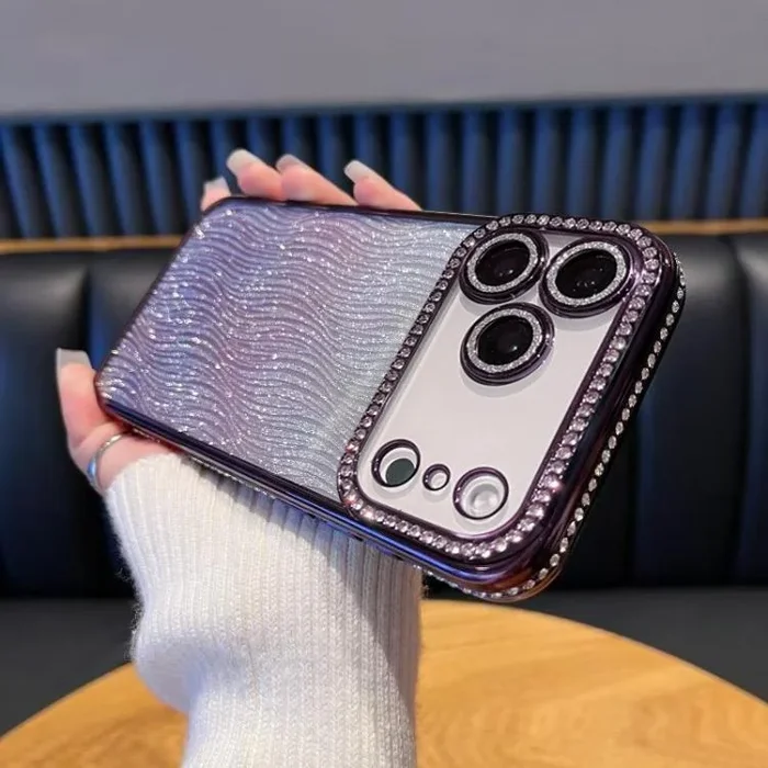 Funda de TPU con purpurina y degradado de agua con diamantes para iPhone 17 Pro (morada)