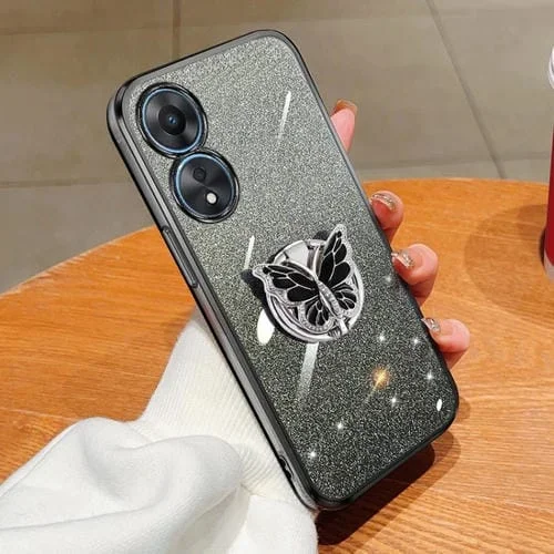 Funda de TPU con Soporte para Teléfono con Diseño de Mariposa y Purpurina Degradada para Oppo A58 5G (Negra)