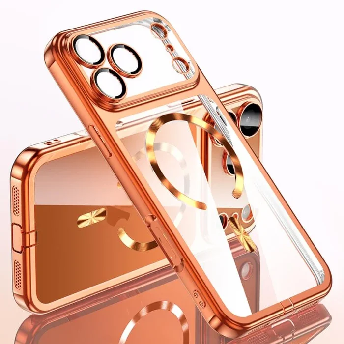 Funda de TPU MagSafe para iPhone 17 Pro con revestimiento de pintura, tapón antipolvo y protector de lente (naranja)