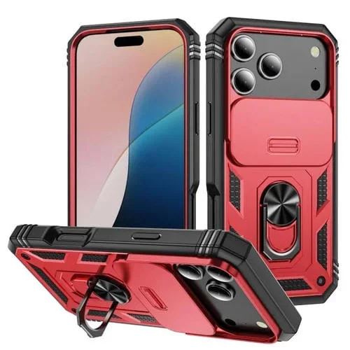 Funda deslizante de TPU + PC con soporte para iPhone 17 Pro (rojo y negro)