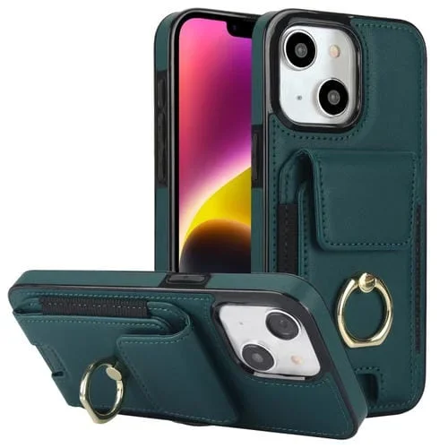 Funda elástica para teléfono iPhone 14 con soporte para anillo y bolsa para tarjetas (Verde Oscuro)