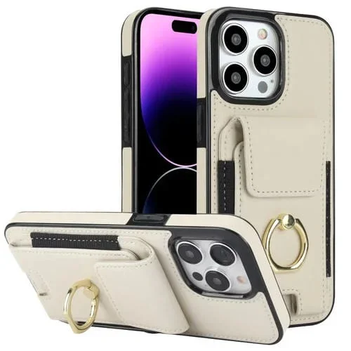 Funda Elástica para Teléfono iPhone 14 Pro Max con Soporte para Anillo y Bolsa para Tarjetas (Blanco)