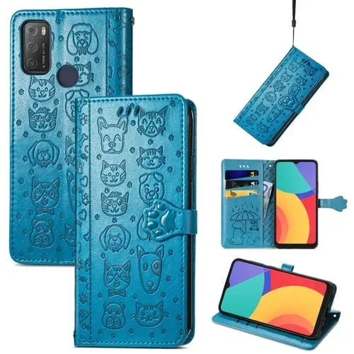 Funda Flip Cuero Alcatel 1S 2021 con Patrón Gato y Perro, Tragamonedas y Billetera (Azul)