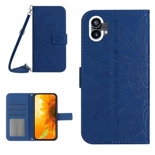 Funda Flip de Cuero For Nothing Phone 1 Skin Feel con Cordón y Patrón Sun Flower (Azul Oscuro)