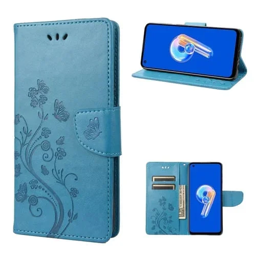 Funda Flip de Cuero para Asus Zenfone 9 con Patrón de Flor de Mariposa (Azul)