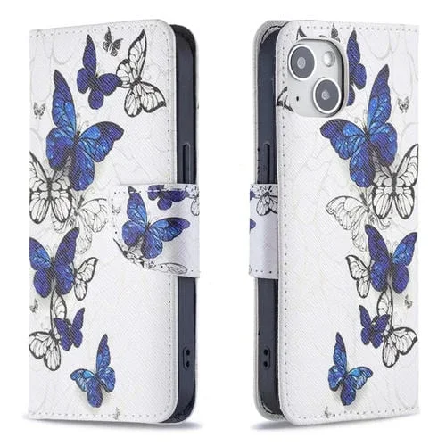 Funda Flip de Cuero para iPhone 15 Patrón de Dibujo Coloreado (Mariposas)