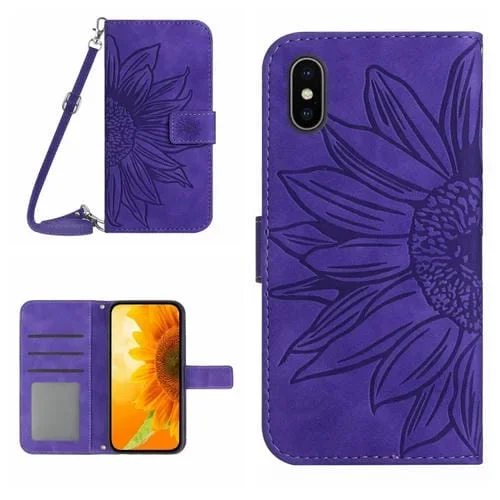 Funda Flip de Cuero para iPhone Xs Max Skin Feel con Cordón y Diseño Sun Flower (Púrpura Oscuro)