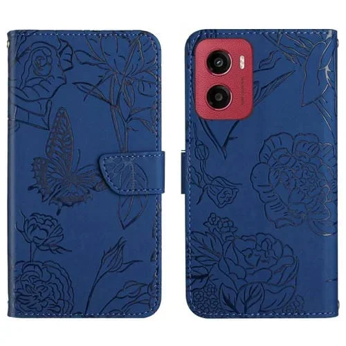Funda Flip de Cuero para Motorola Moto G05 Ht03 con Relieve Mariposa (Azul)