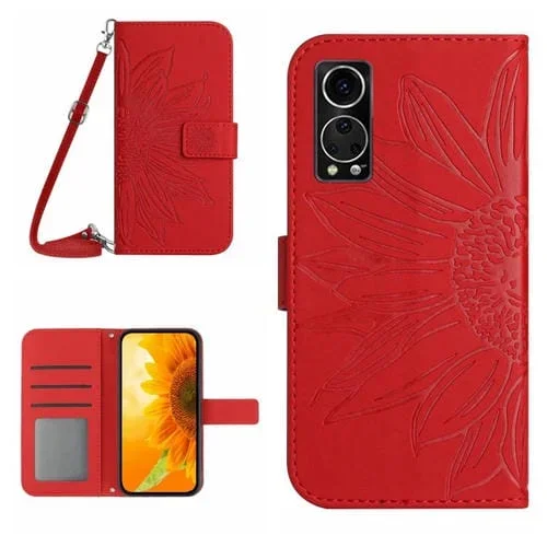 Funda Flip de Cuero ZTE Axon 30 5G Skin Feel con Cordón y Estampado Sun Flower (Rojo)