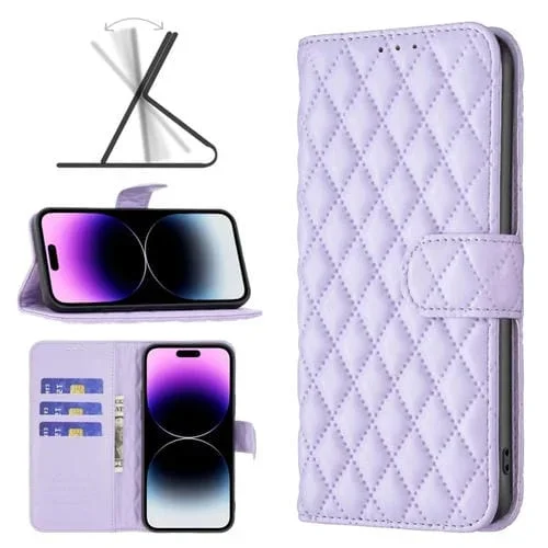 Funda Flip Wallet Diamond Lattice Telephip para iPhone 14 Pro Max (Púrpura)