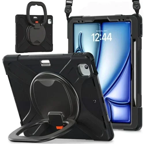 Funda híbrida de silicona para iPad Air 13 2024 y Air 13 2025 con soporte y correa (Negra)
