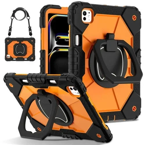 Funda híbrida de silicona para iPad Pro 11 (2024) con diseño de robot (Negro y Naranja)