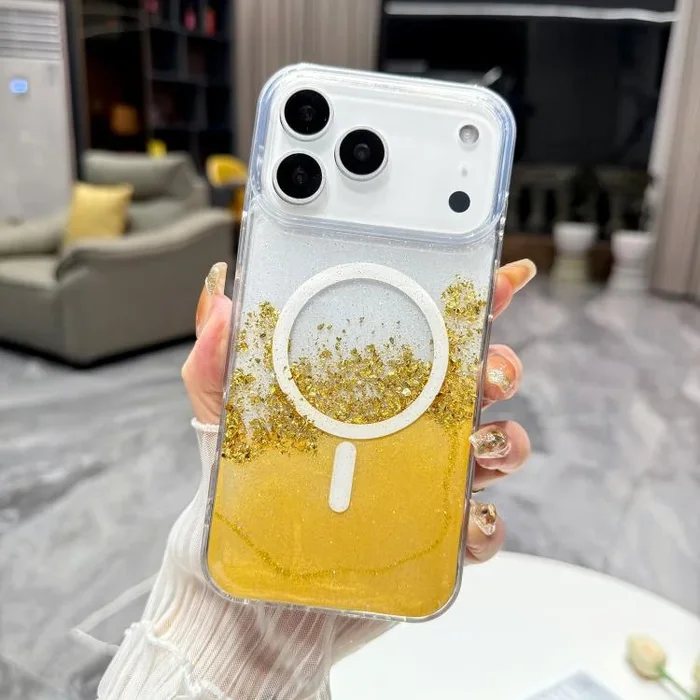 Funda híbrida de TPU transparente MagSafe dorada para iPhone 17 Pro Max (amarilla)
