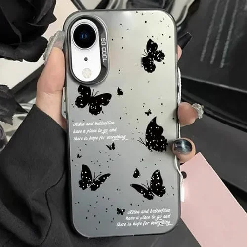 Funda Híbrida para iPhone Xr TPU y PC con Pintura Plateada (Mariposa de Tinta Negra)