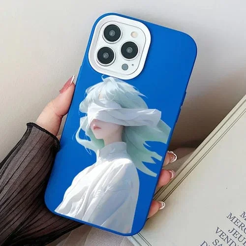 Funda híbrida para teléfono iPhone 13 Pro Max Blindfold Girl PC TPU (Azul)