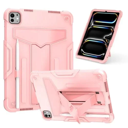 Funda híbrida Silicona para iPad Pro 11 (2024) con Soporte en T y Robot (Oro Rosa)